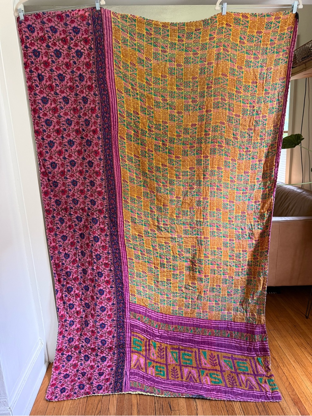 Vintage kantha quilt, twin cotton throw, boho beach blanket